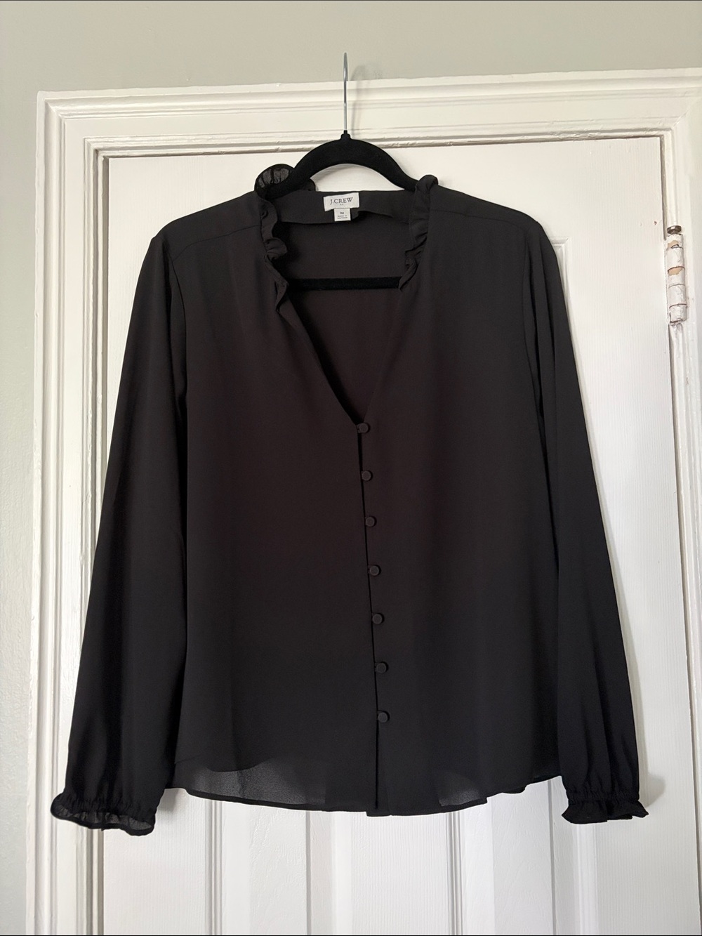 J. Crew Black Ruffle-Trim Button Front Long Sleeve Blouse